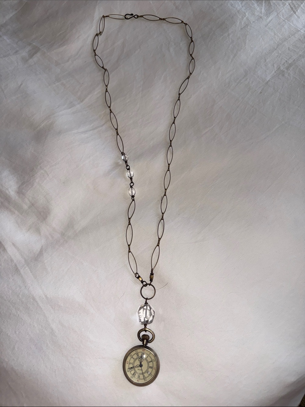 Vintage-Inspired Brass Pendant Necklace with Clear Crystal and Watch Charm